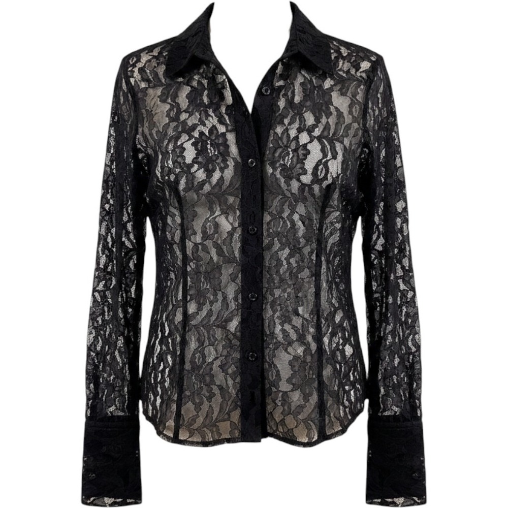 Jones New York Black Lace Button Up Women Large Floral Sheer Goth Whimsigoth